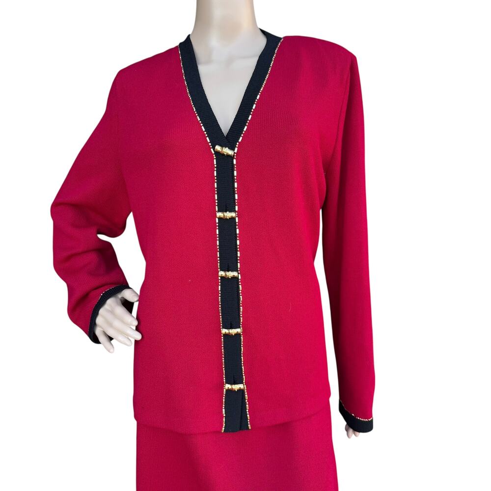 St. John Collection Red & Black Santana Knit Suit Skirt Jkt 12 Skrt 16 - Picture 6 of 16